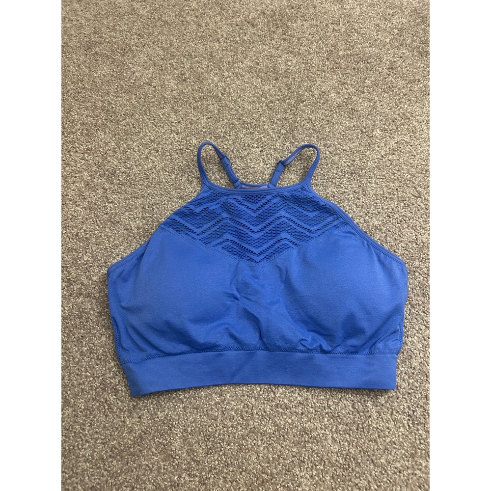 SO High Neck Sports Bra Womens XL Blue Excellent Crochet Mesh Racerback